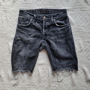 Nudie Black Distressed High-Waisted Cut Off Midi Jean Shorts with raw  hem